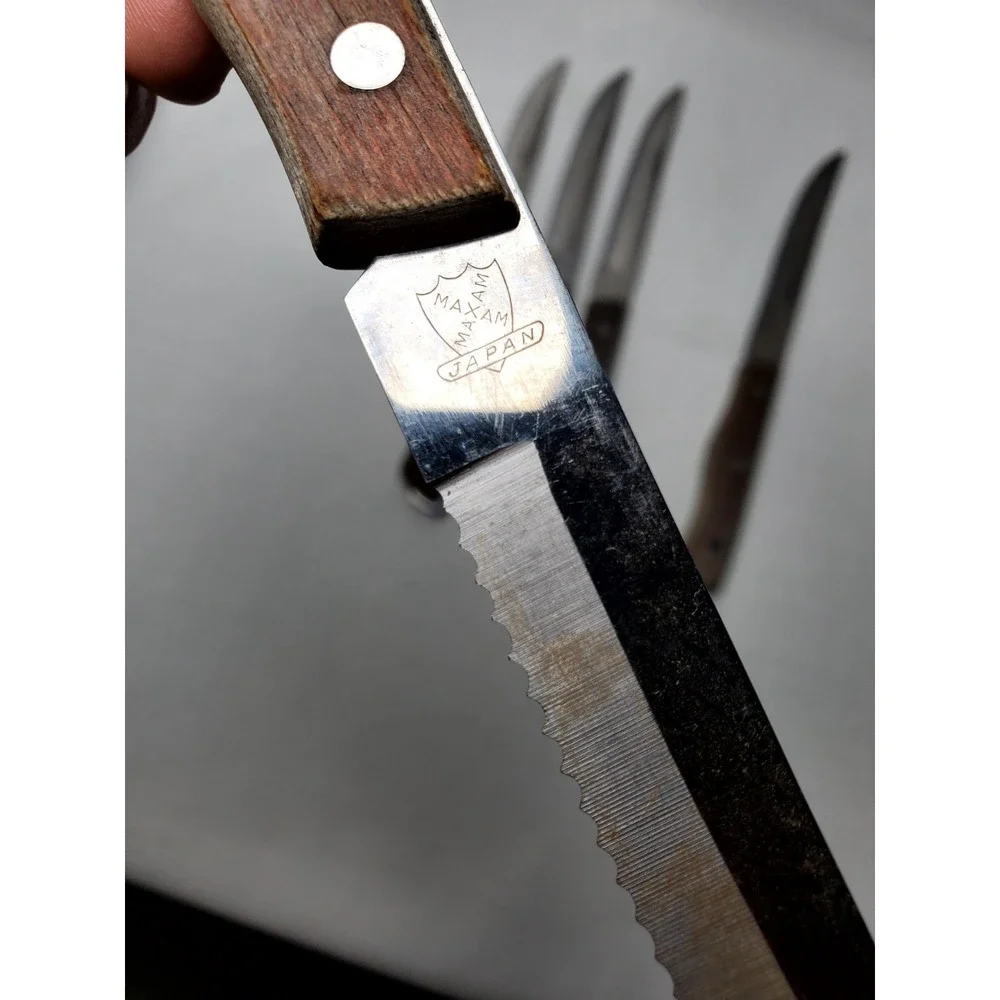 Vintage Maxam‎ Steel Steak Knife Set 6pc Serrated Blades Japan Wood Handles